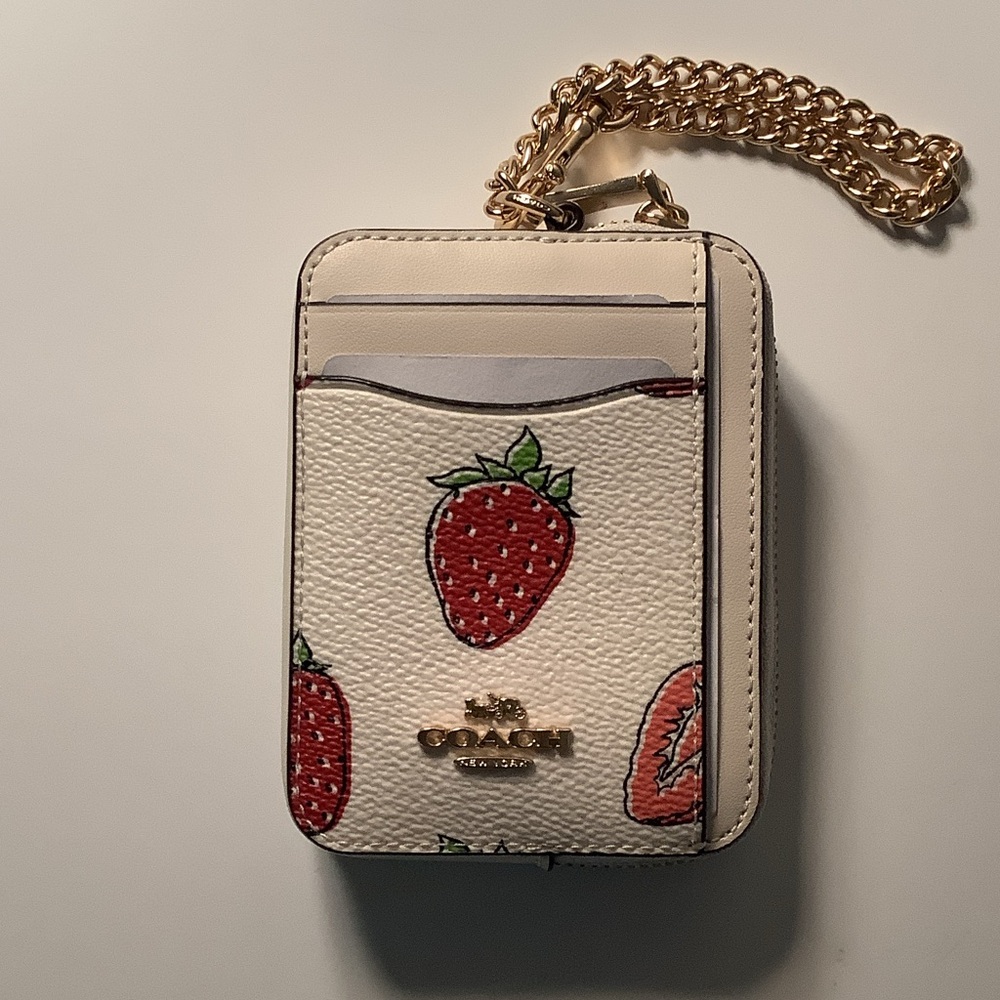 Coach Cream and Red Strawberry Zip Cc ID Case Card Holder Wallet